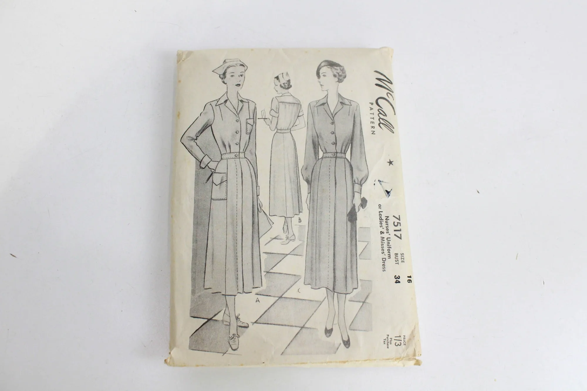 1940s Nurse Uniform Sewing Pattern McCall 7517, Complete, Bust 34