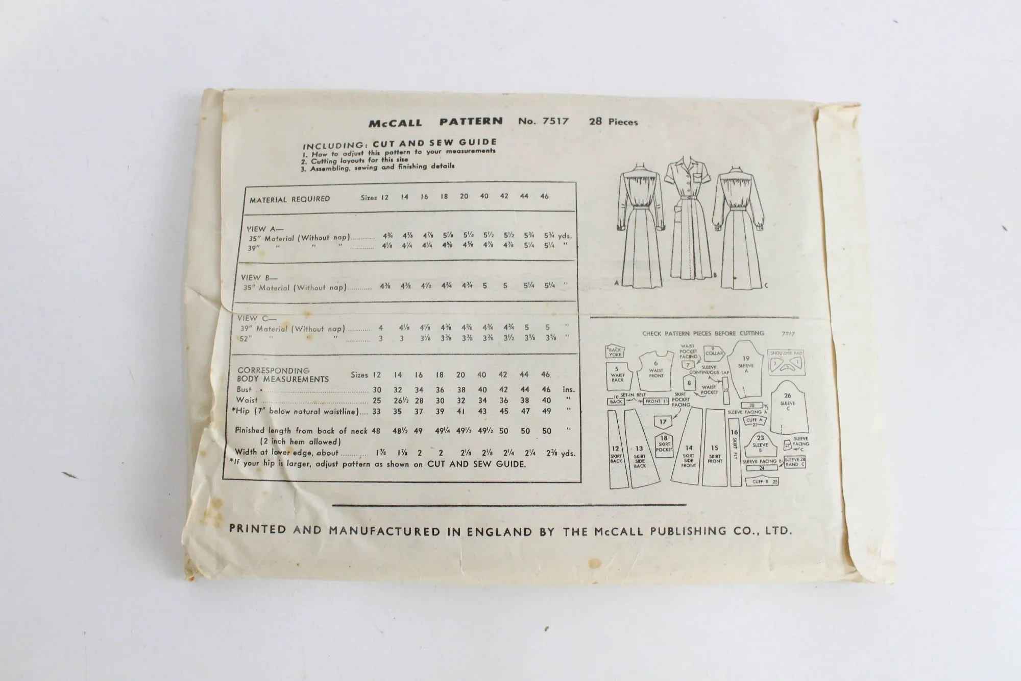 1940s Nurse Uniform Sewing Pattern McCall 7517, Complete, Bust 34