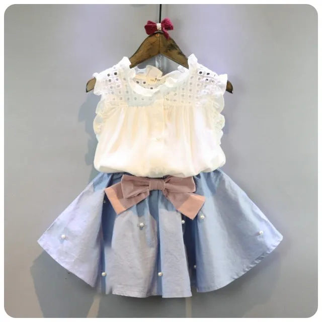 Baby Girl Summer Outfit with Denim Pearl Skirt and Eyelet Top