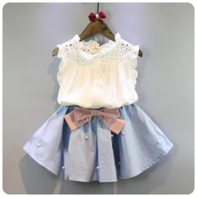 Baby Girl Summer Outfit with Denim Pearl Skirt and Eyelet Top