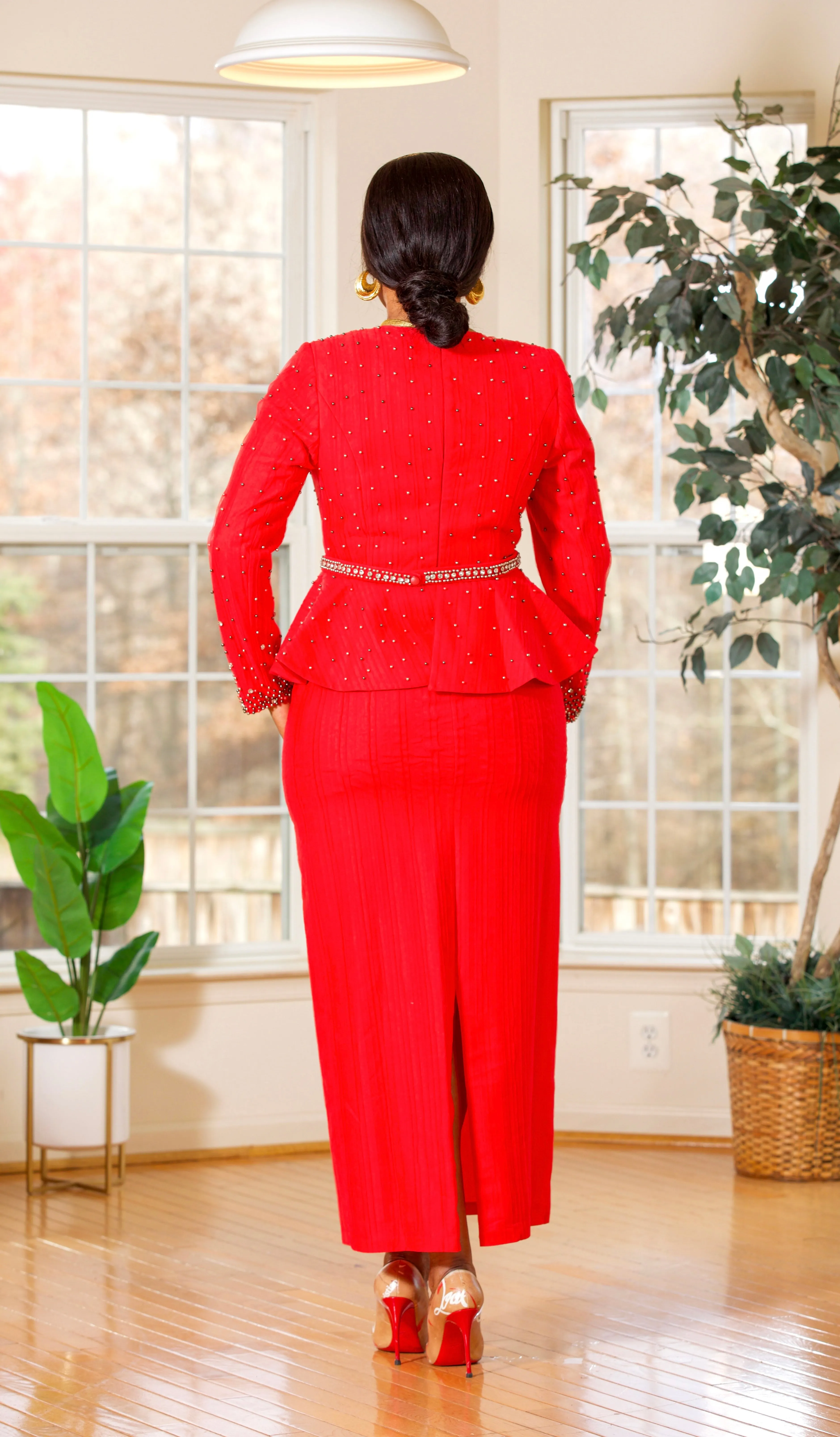 BEADED BELTED PEPLUM MAXI DRESS(RED)