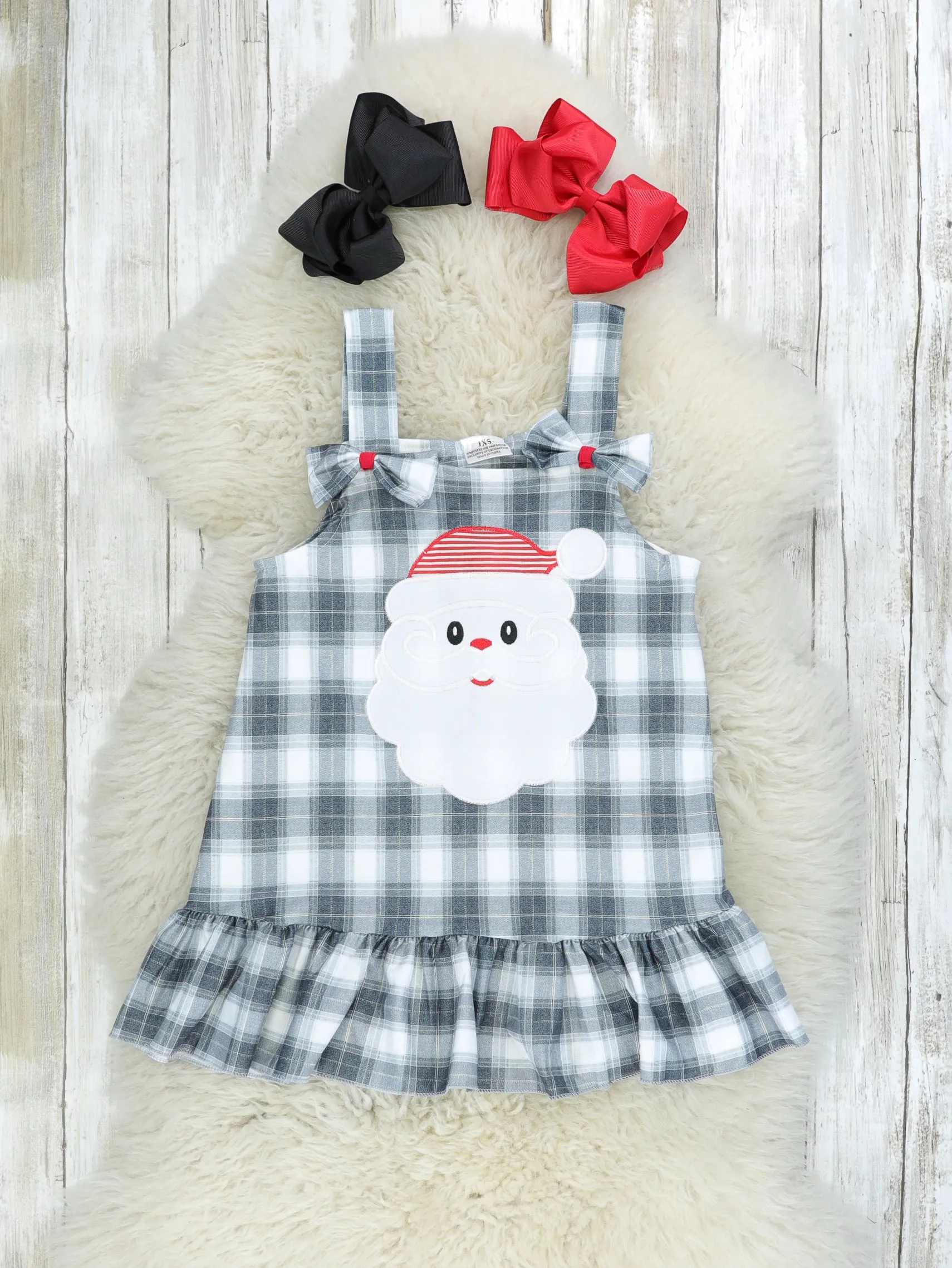 Black & White Plaid Santa Overall Dress Set