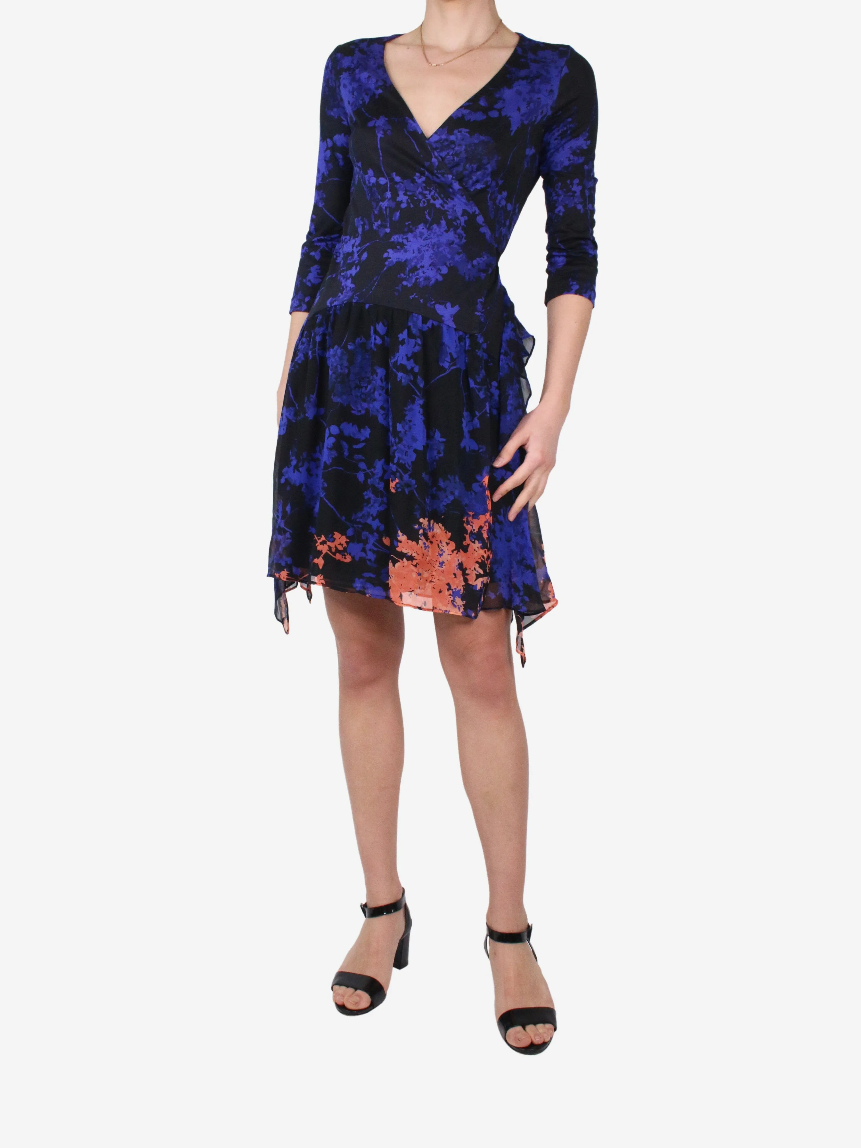 Black silk floral wrap dress - size US 6