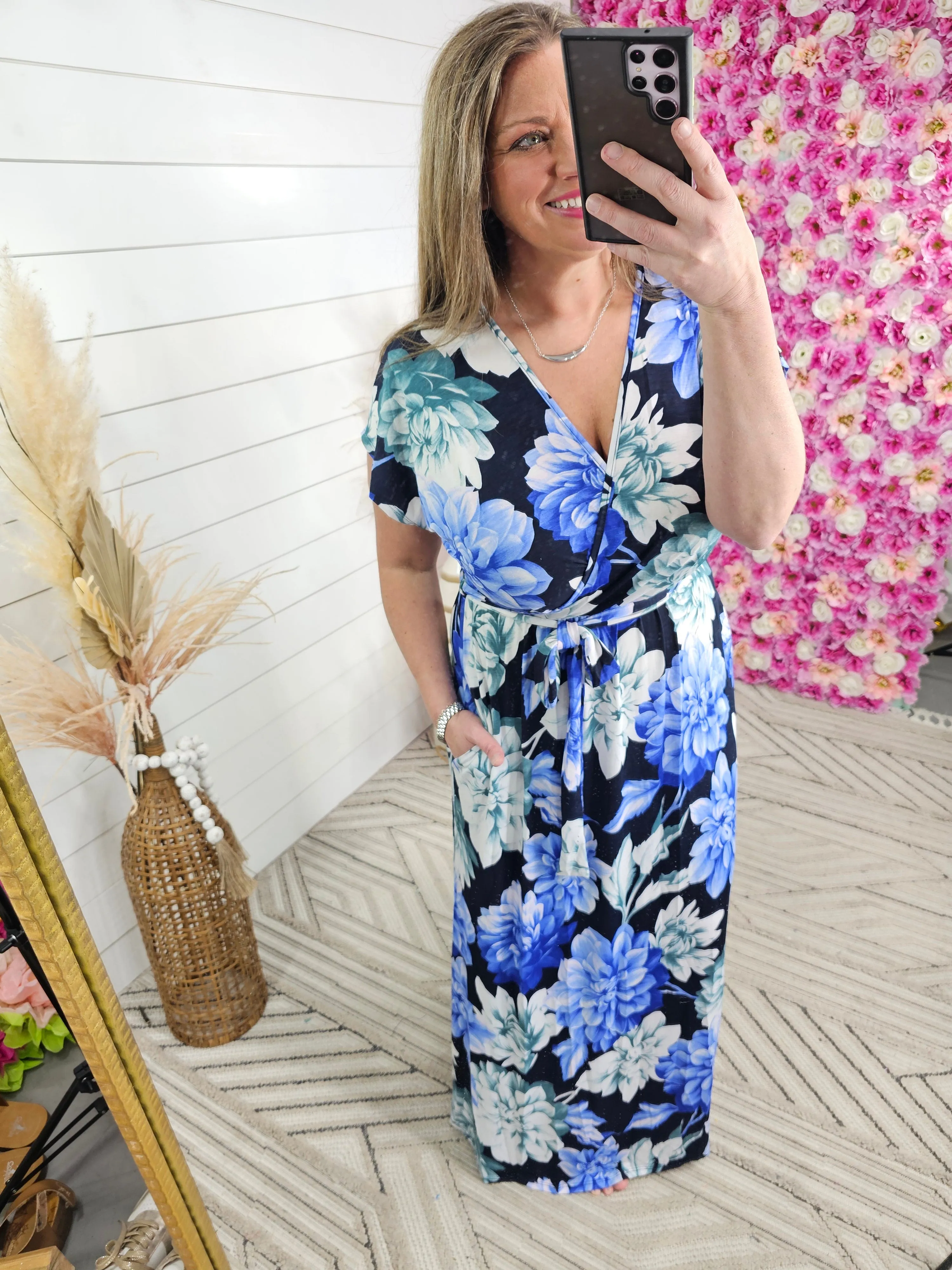 BLACK/BLUE/GREEN FLORAL CROSS FRONT MAXI DRESS