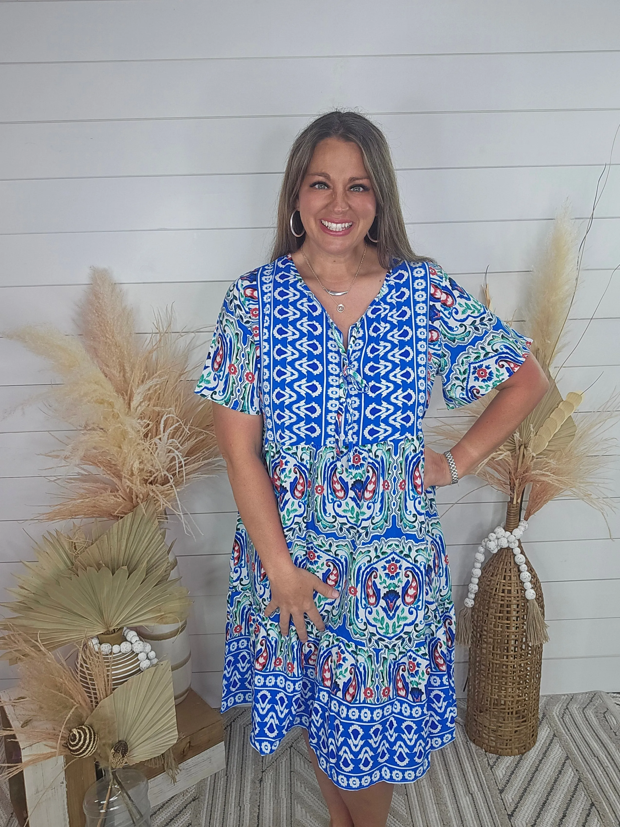 BLUE BOHO PRINT TIE NECK DRESS