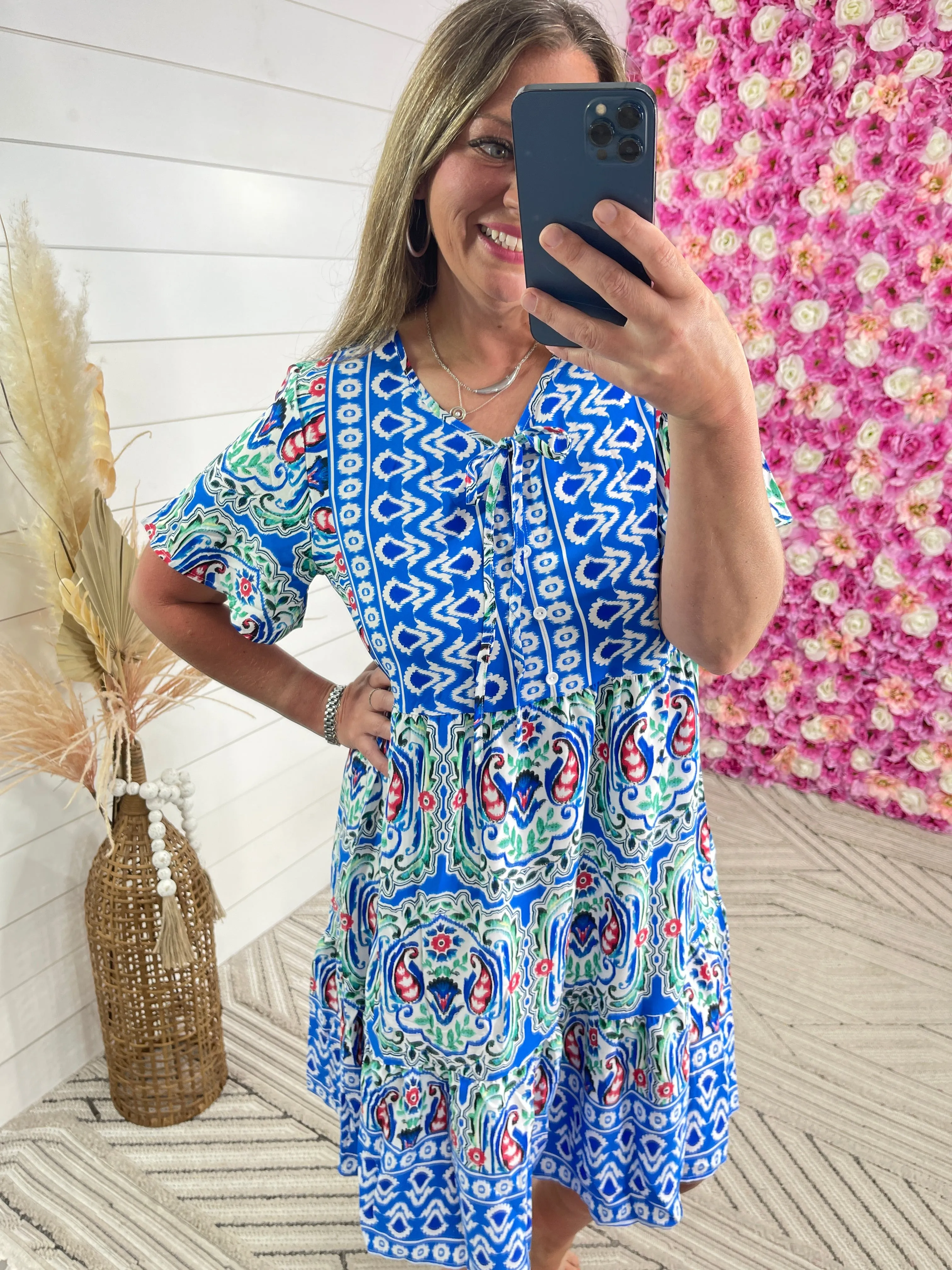 BLUE BOHO PRINT TIE NECK DRESS