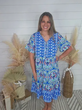 BLUE BOHO PRINT TIE NECK DRESS