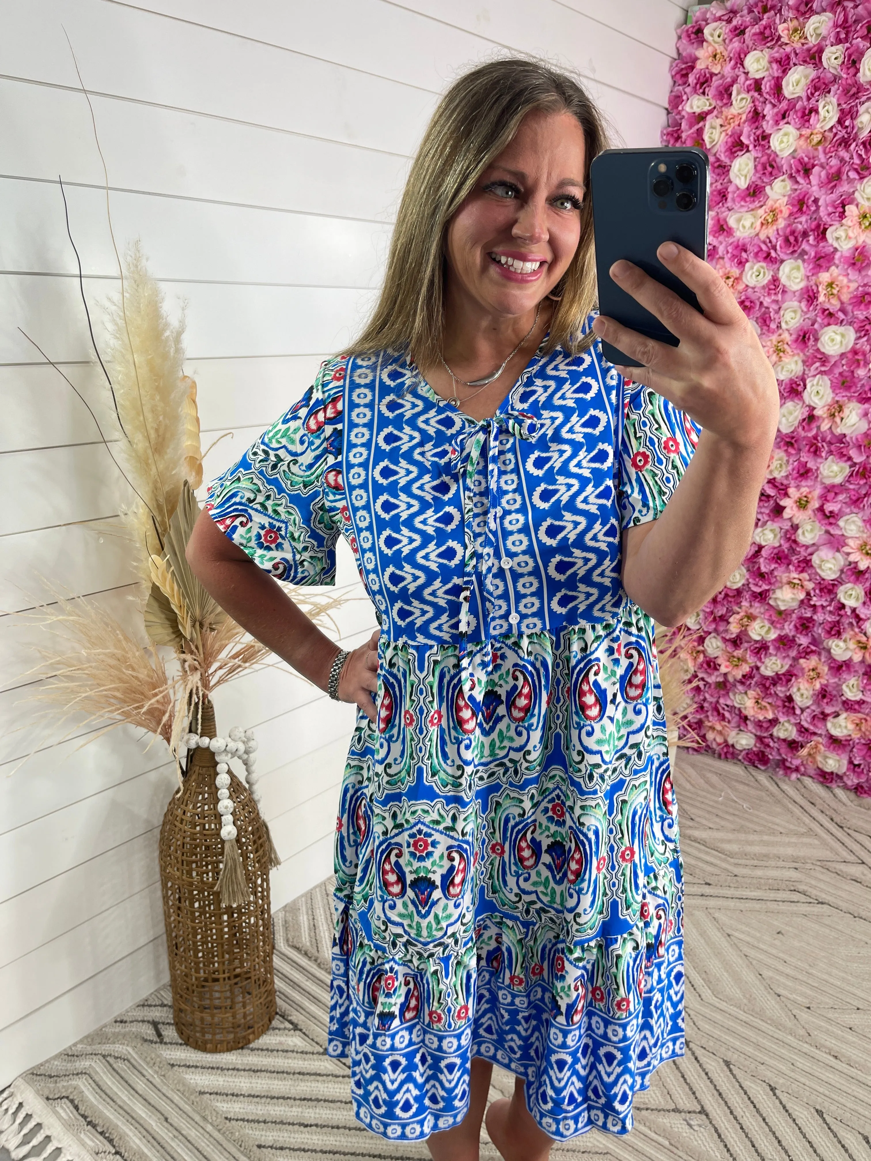 BLUE BOHO PRINT TIE NECK DRESS