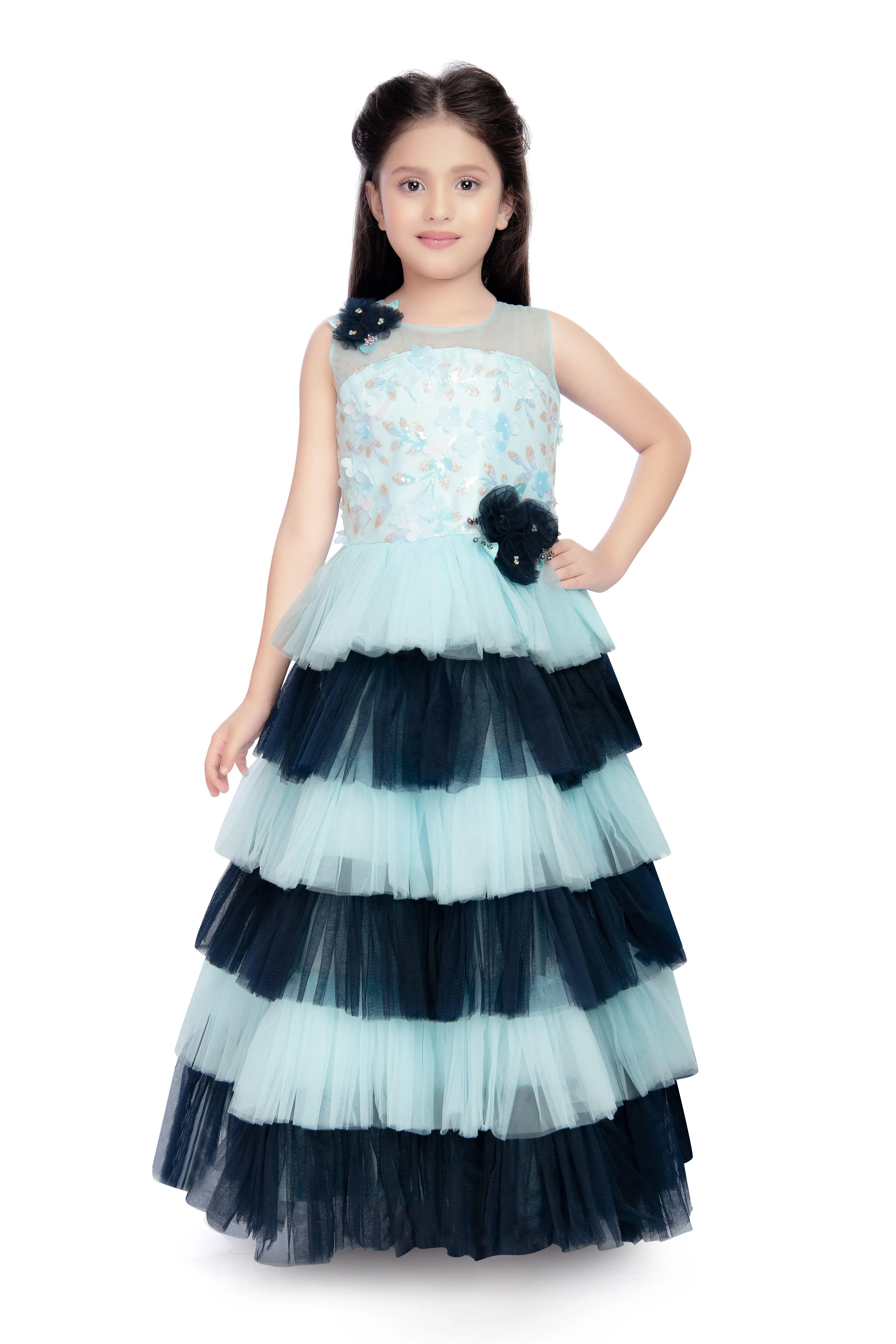 Blue Coloured Layered Maxi Dress Trendy Frill Concept Gown For Girls