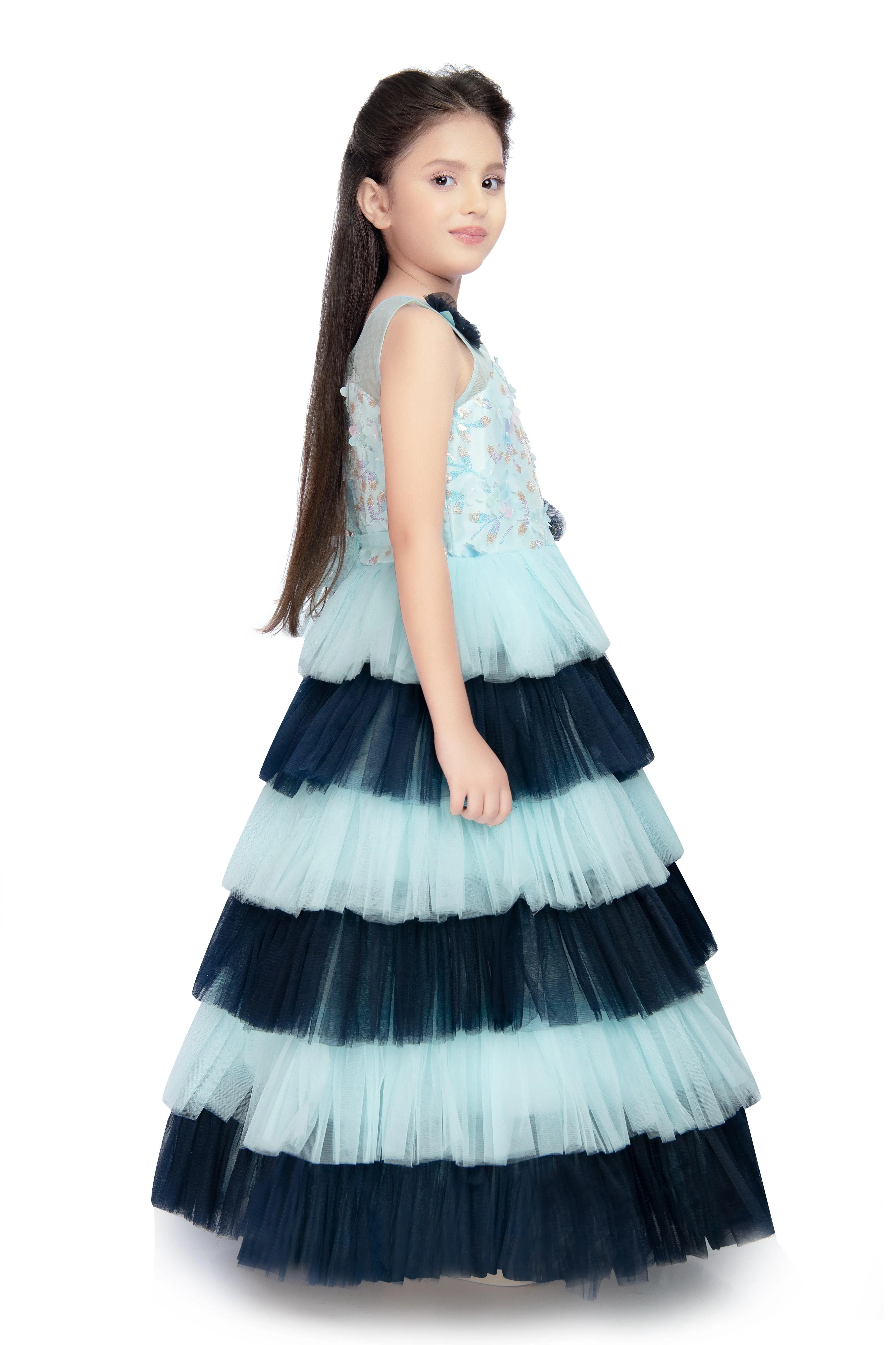 Blue Coloured Layered Maxi Dress Trendy Frill Concept Gown For Girls