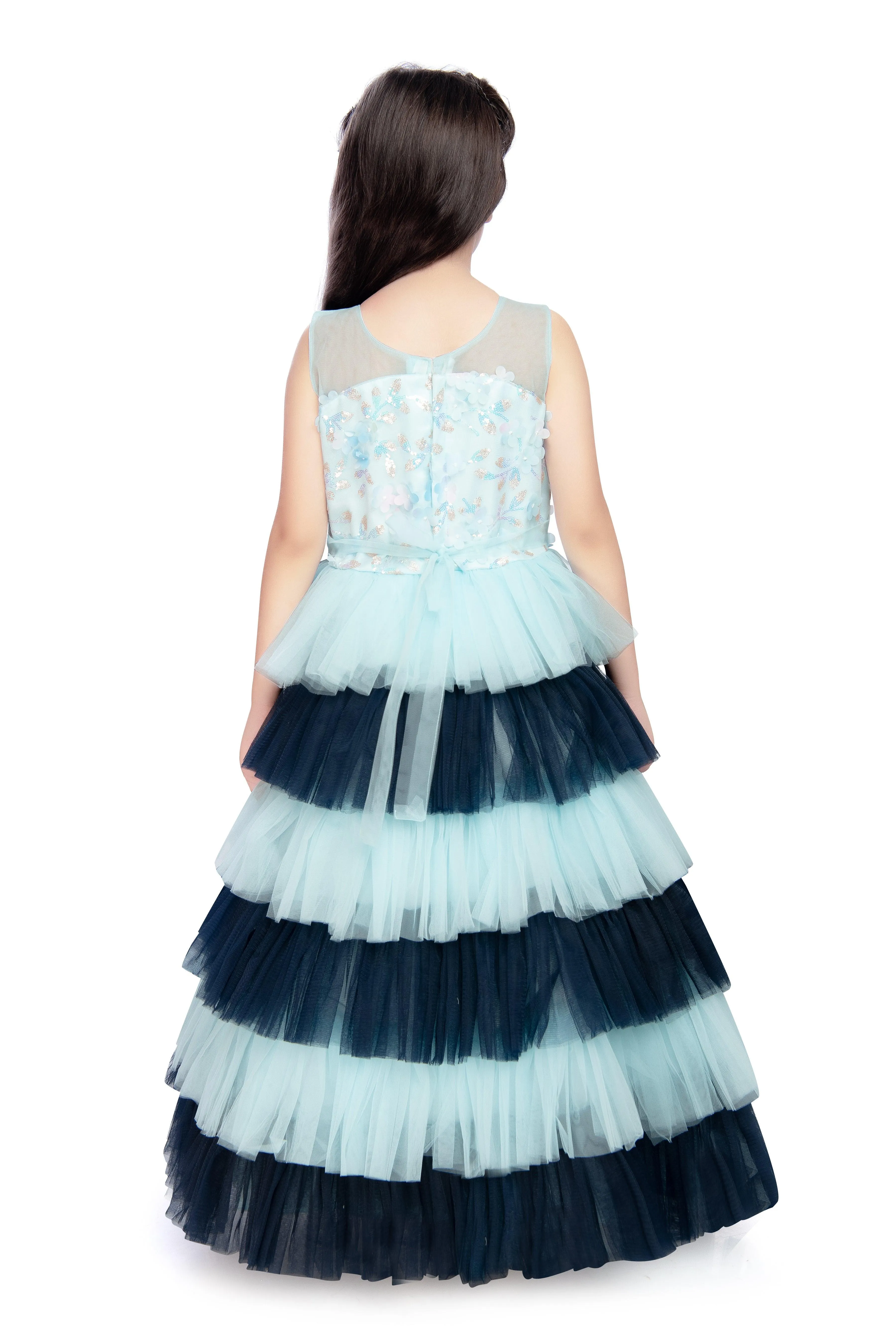 Blue Coloured Layered Maxi Dress Trendy Frill Concept Gown For Girls