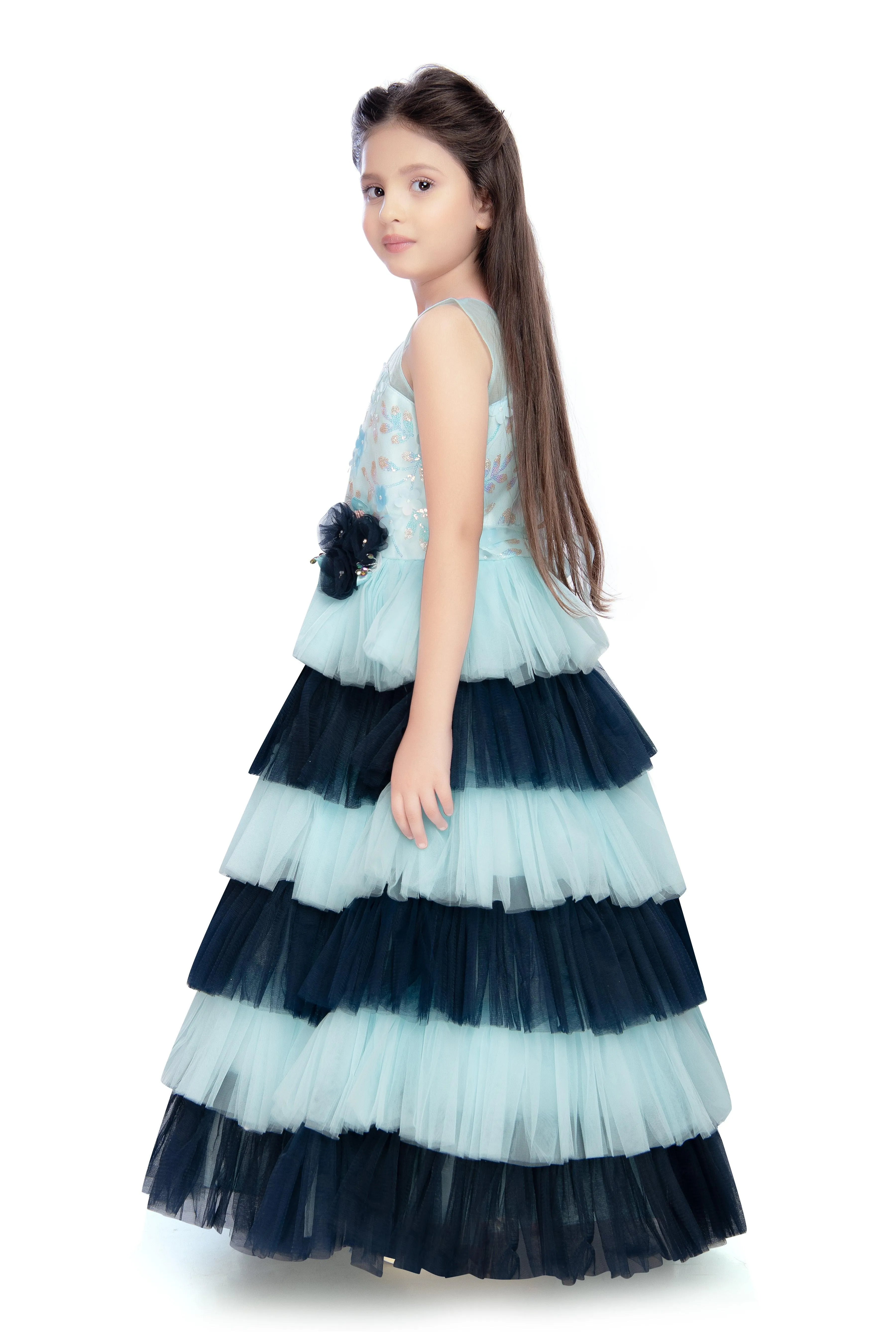 Blue Coloured Layered Maxi Dress Trendy Frill Concept Gown For Girls