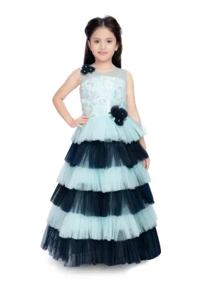 Blue Coloured Layered Maxi Dress Trendy Frill Concept Gown For Girls