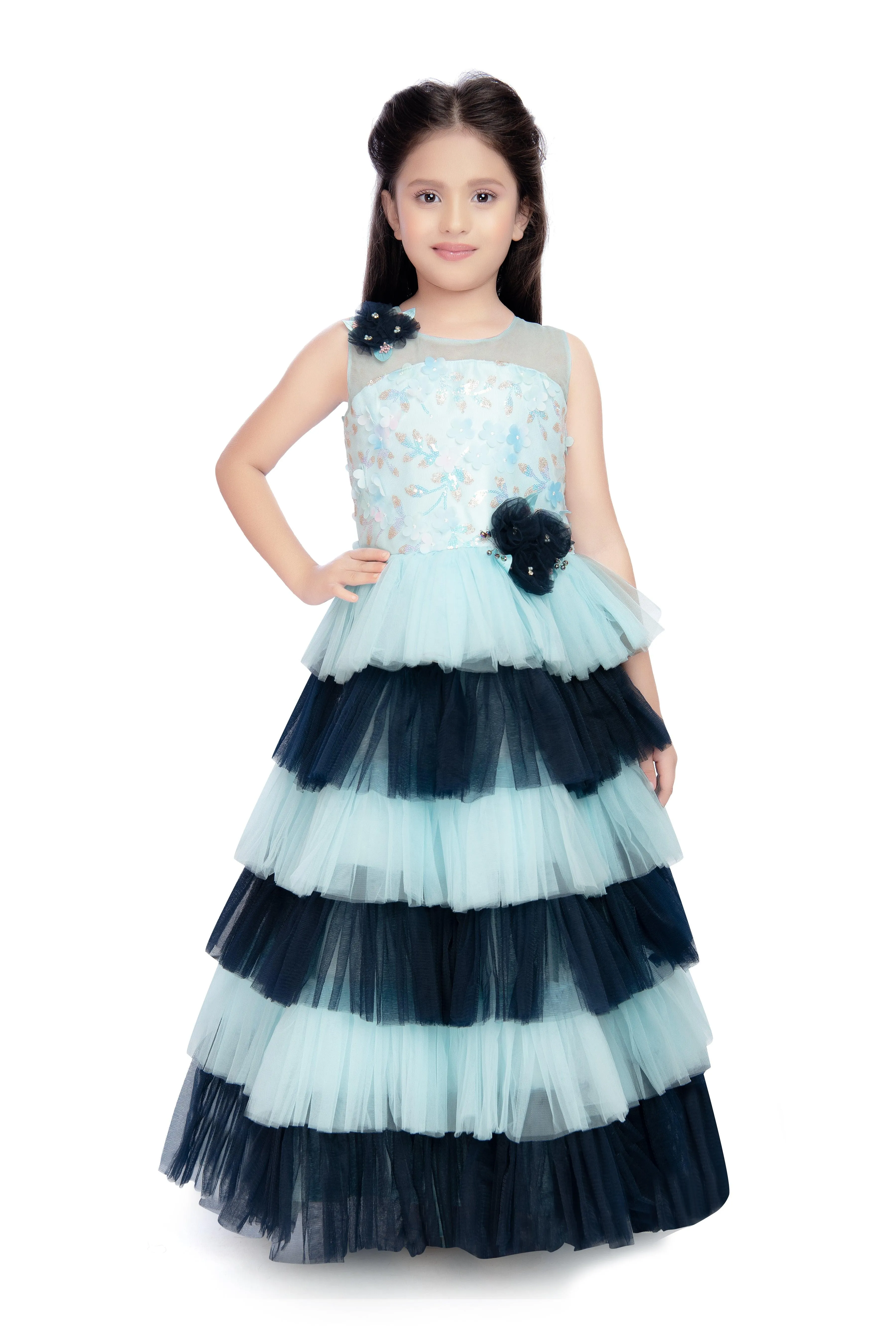 Blue Coloured Layered Maxi Dress Trendy Frill Concept Gown For Girls