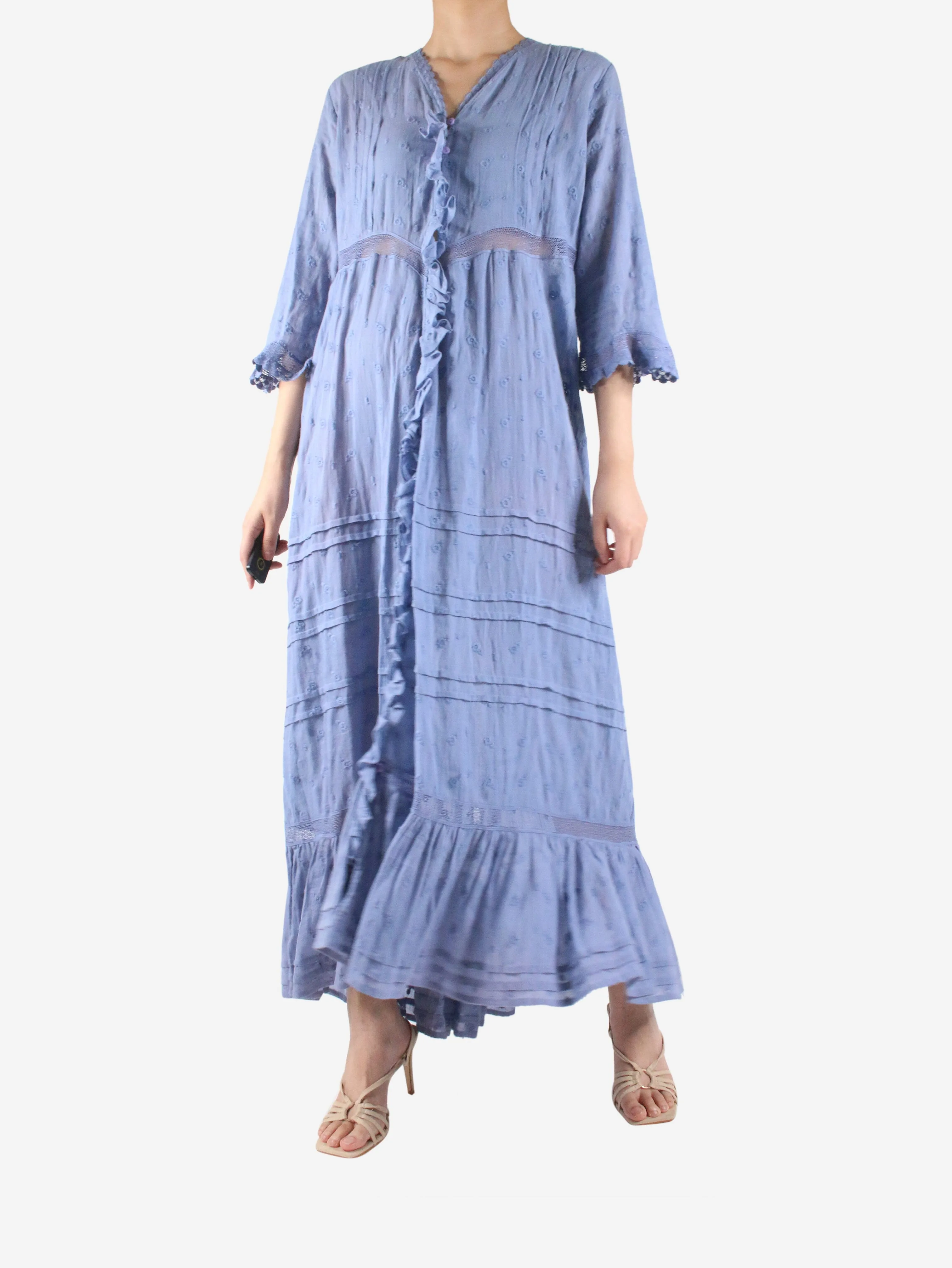 Blue embroidered ruffle maxi dress - size S