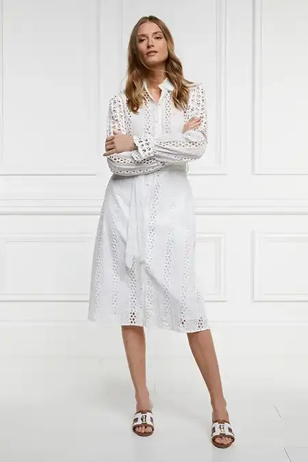 Broderie Lace Tie Midi Dress (White)