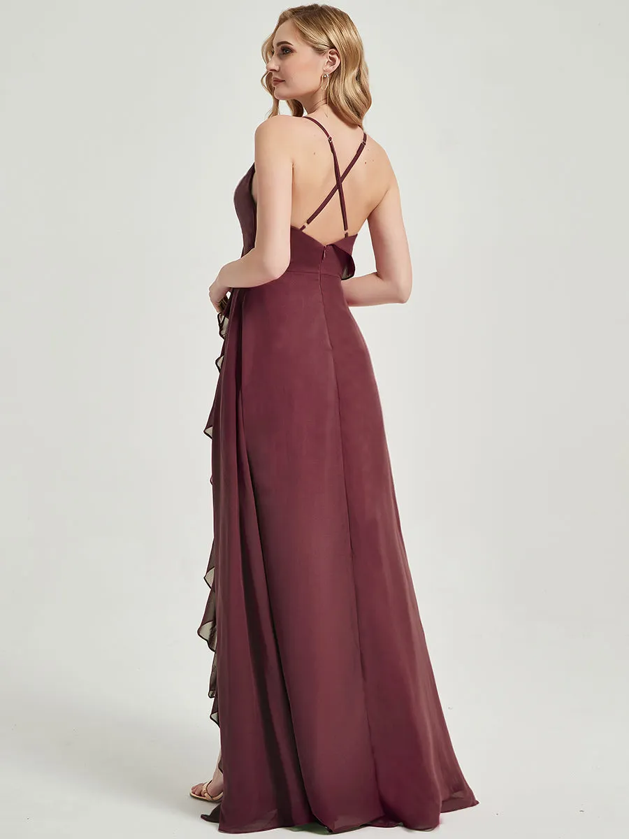 Burgundy Criss-Cross Straps Ruffles Slit Chiffon Maxi Bridesmaid Dress