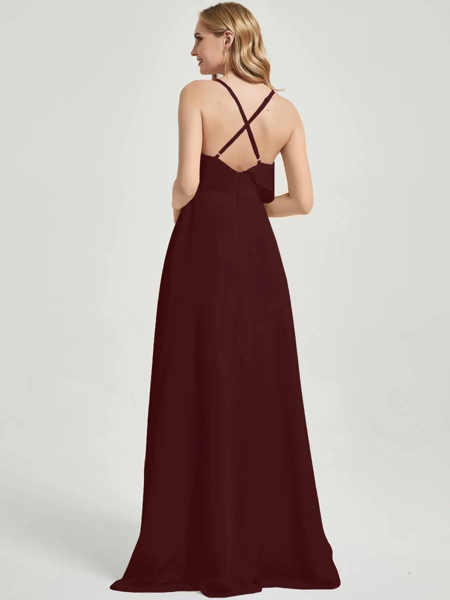 Burgundy Criss-Cross Straps Ruffles Slit Chiffon Maxi Bridesmaid Dress