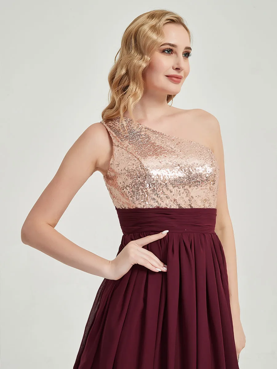 Cabernet One-Shoulder Sleeveless Chiffon Sequin Maxi Bridesmaid Dress