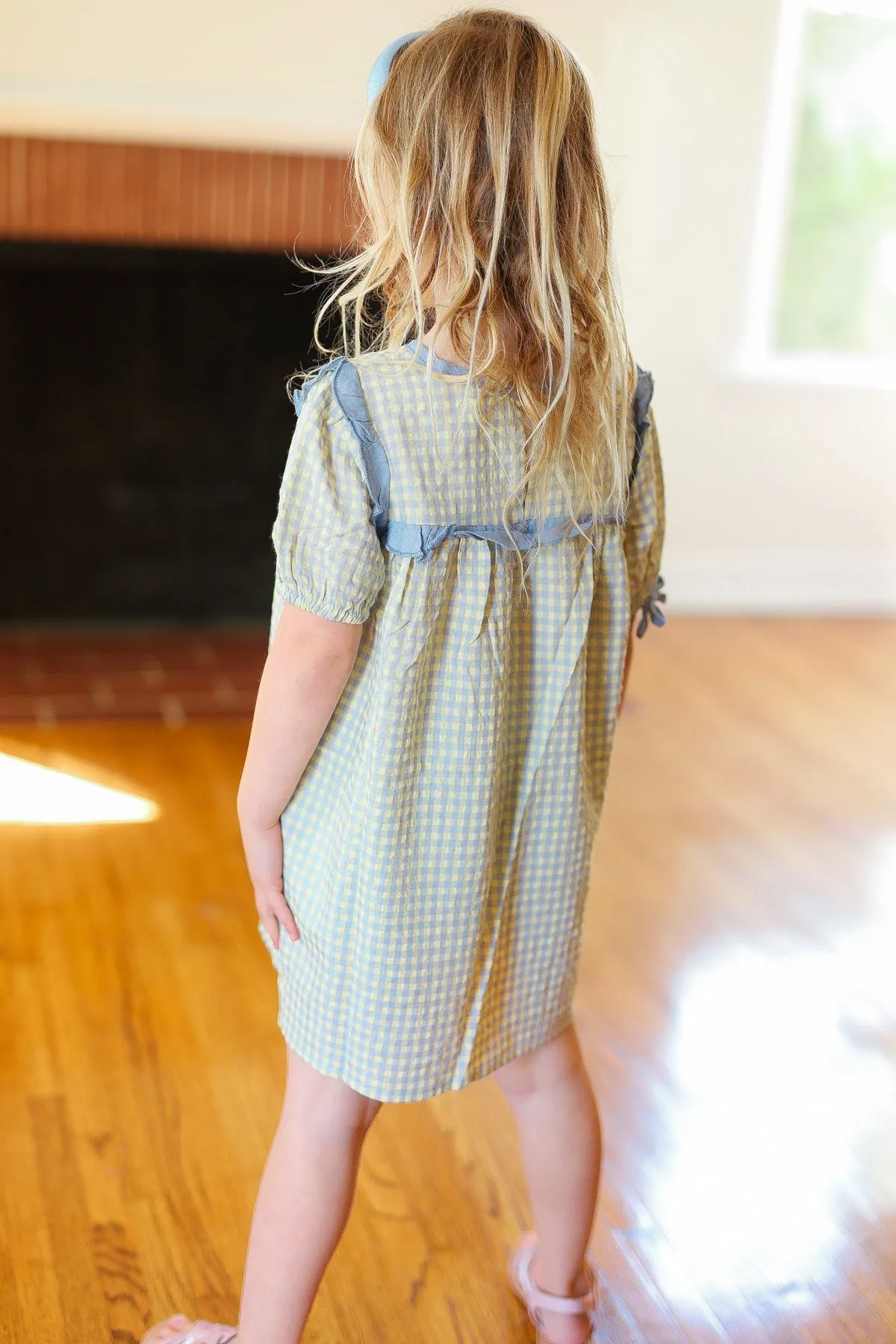 Charming Blue Gingham Elastic Tie Sleeve Dress