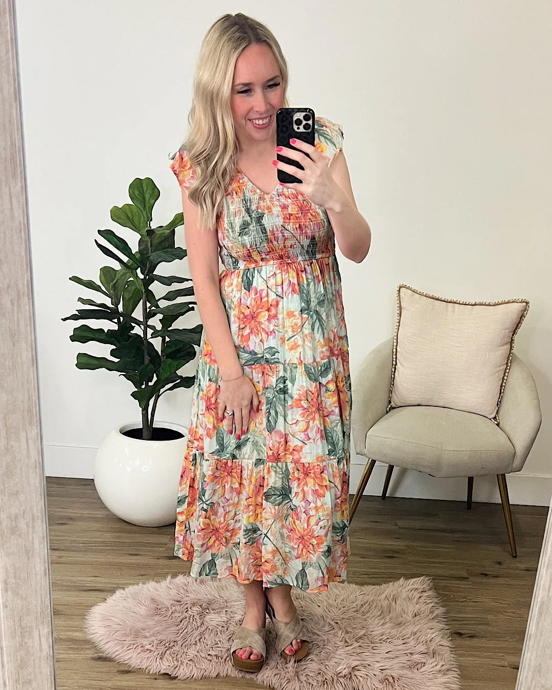 Cindy Water Color Floral Smocked Midi Dress