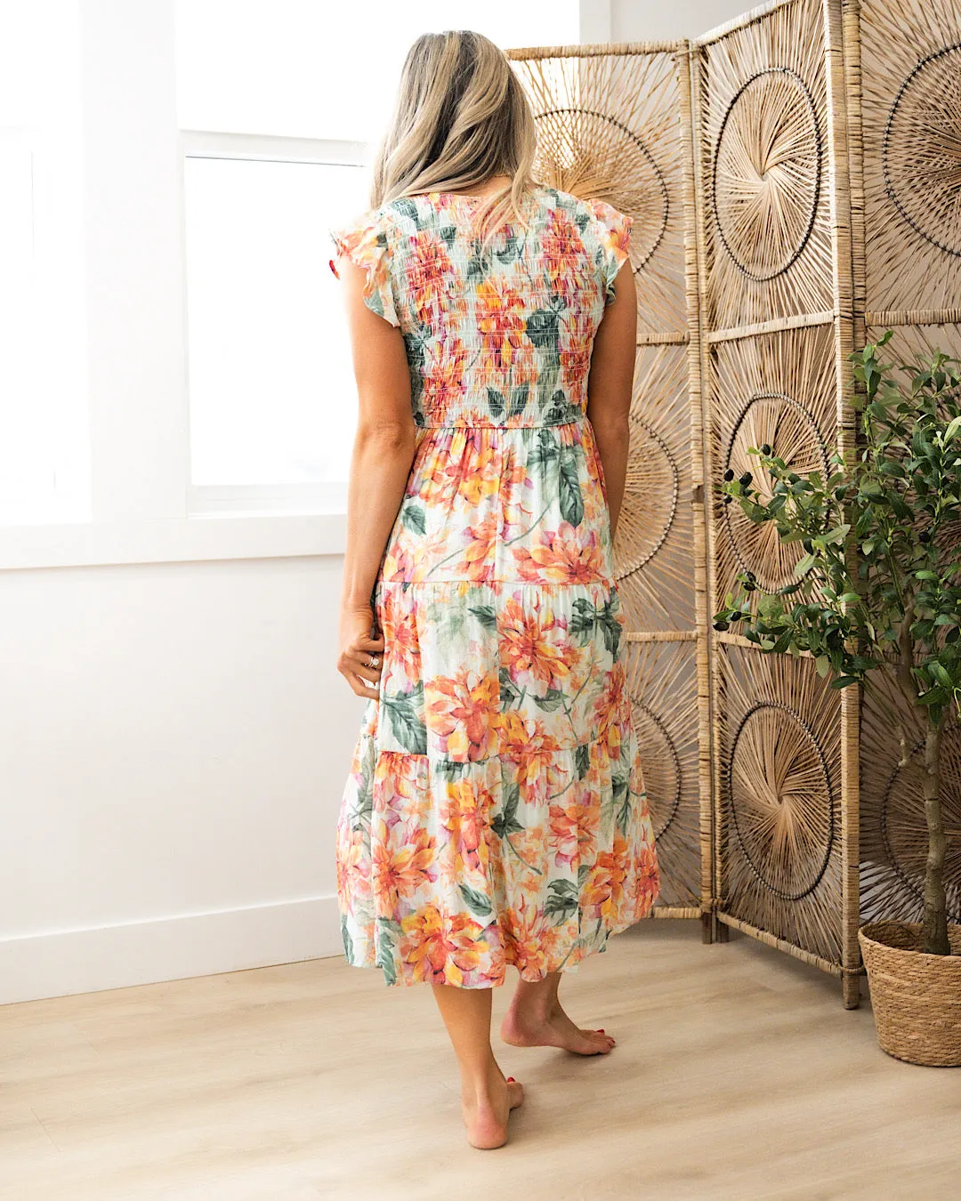 Cindy Water Color Floral Smocked Midi Dress