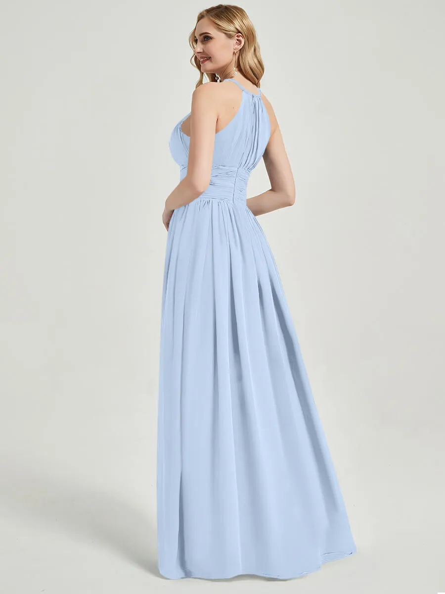 Cornflower Blue Pleated Halter Neck Sleeveless Chiffon Bridesmaid Dress