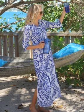 Cotton Annabel Maxi Dress in Blue & White Ikat