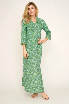 Cotton Annabel Maxi Dress in Green with White & Blue Flower