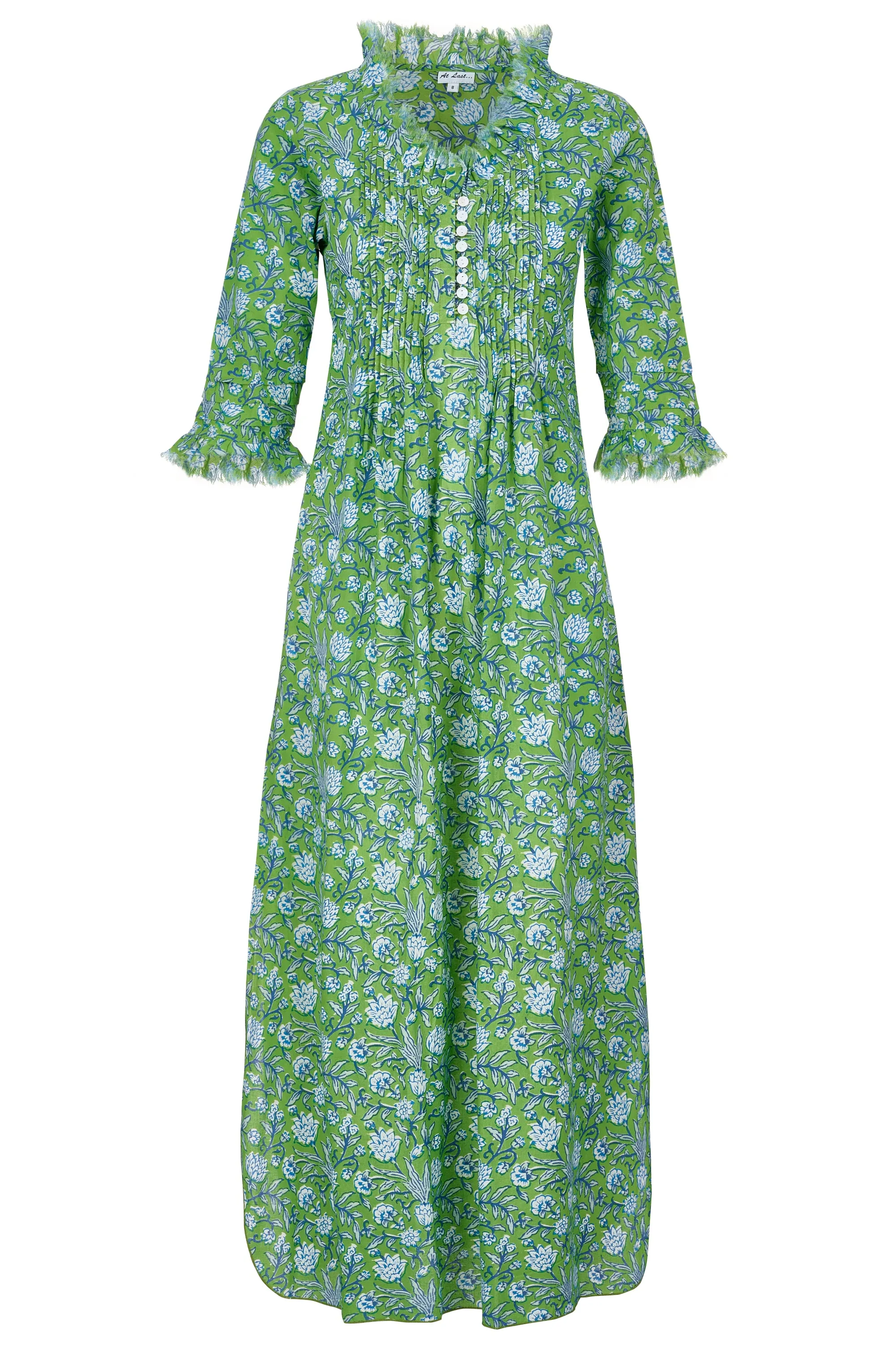 Cotton Annabel Maxi Dress in Green with White & Blue Flower