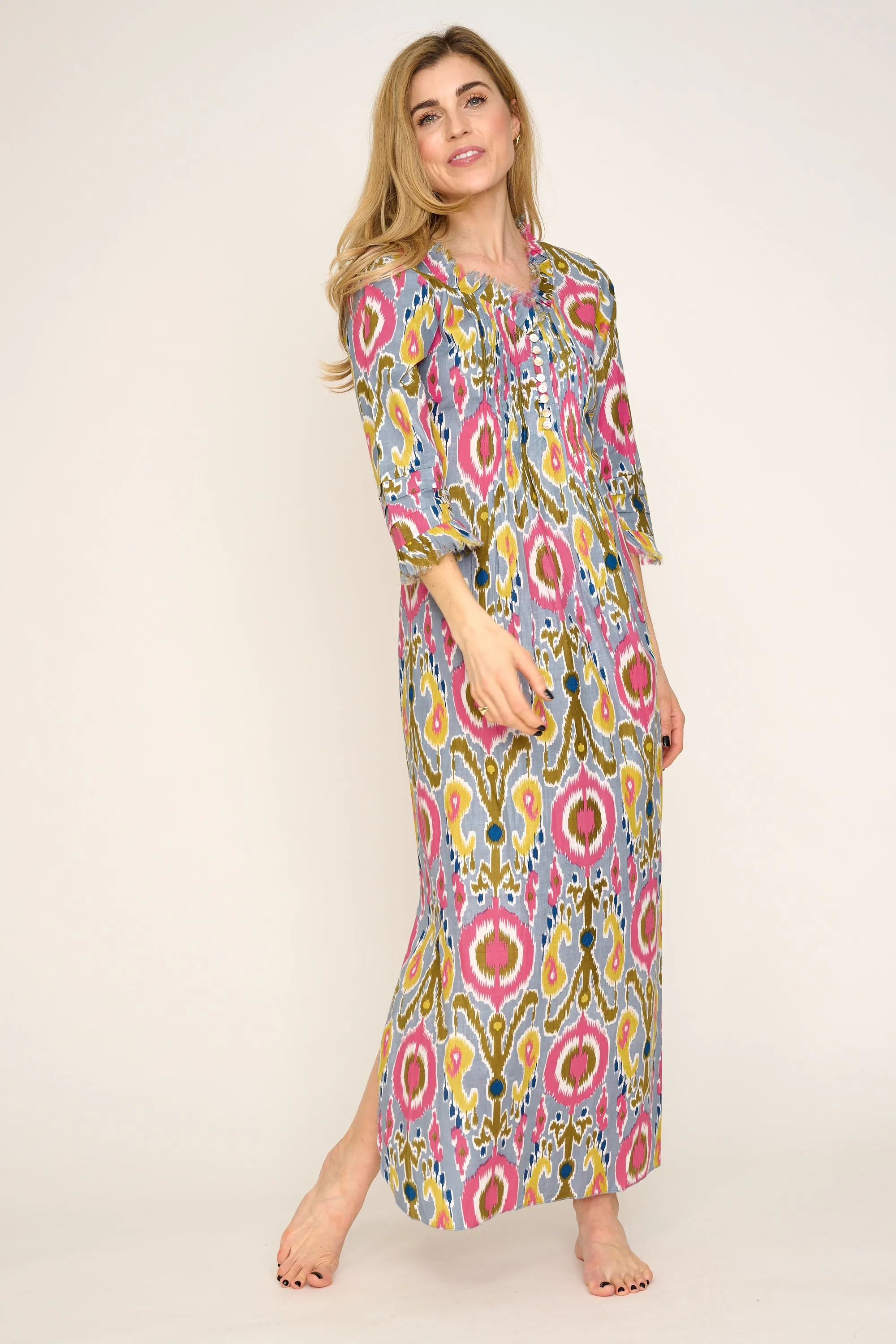 Cotton Annabel Maxi Dress in Grey Multi Ikat