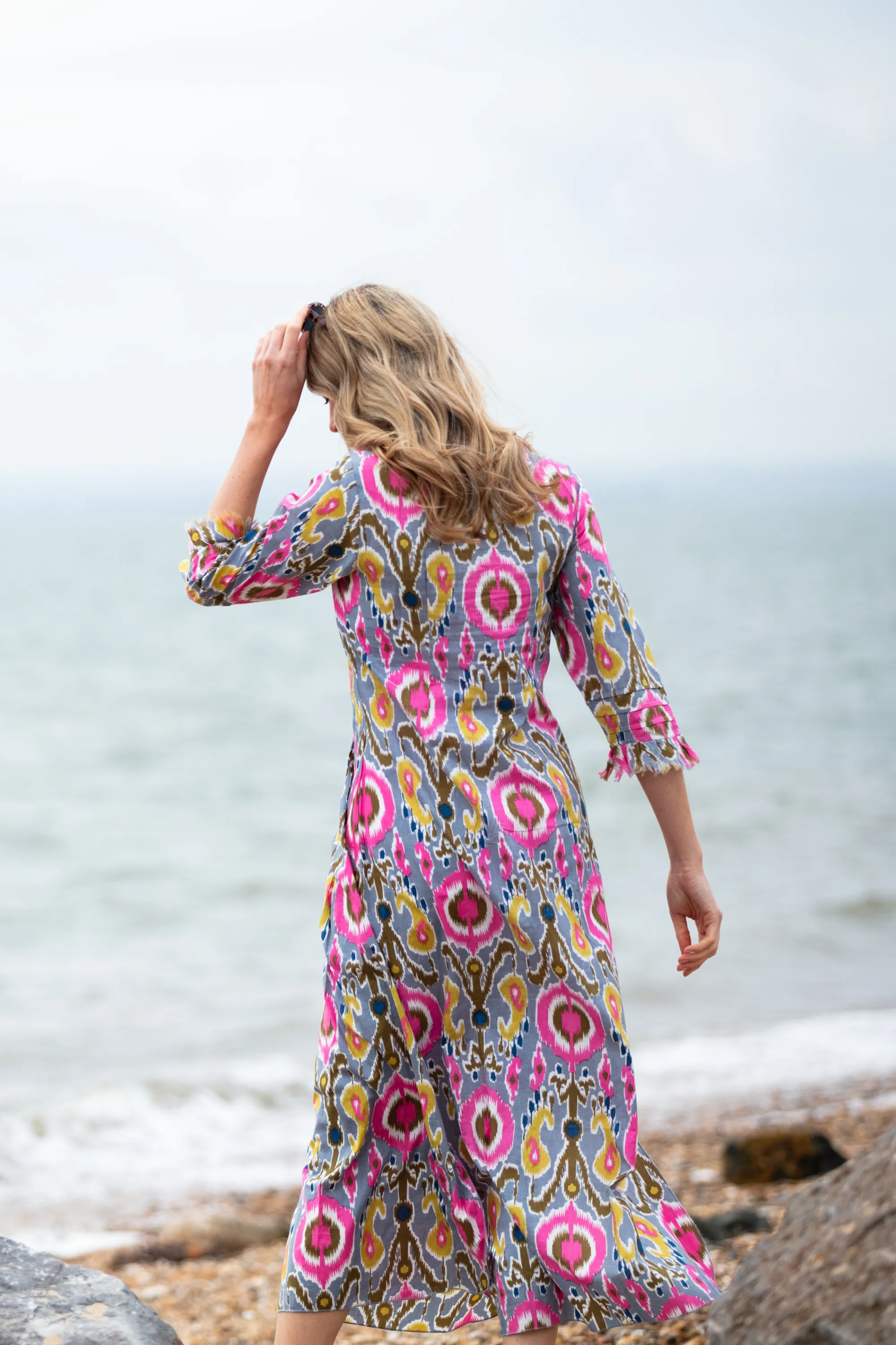 Cotton Annabel Maxi Dress in Grey Multi Ikat