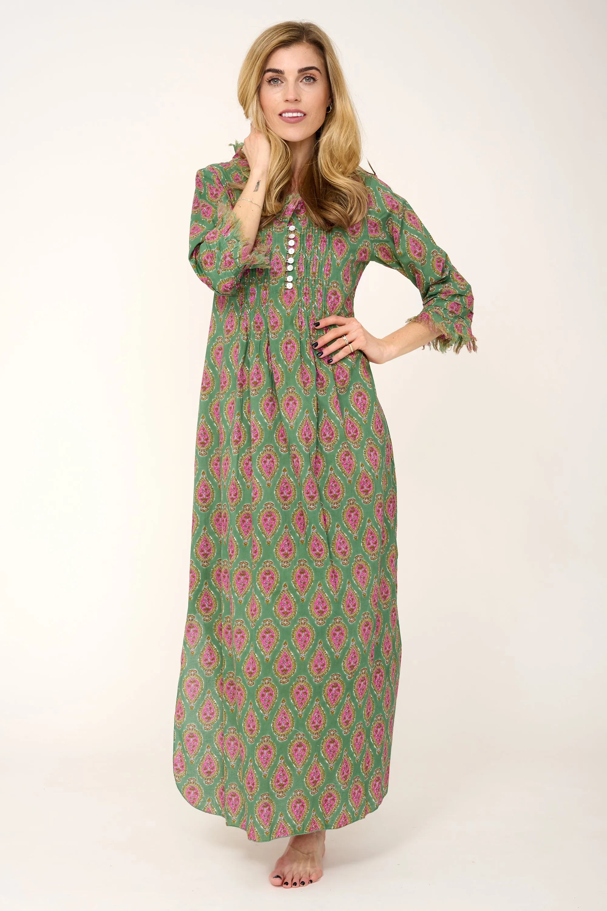 Cotton Annabel Maxi Dress in Olive Green with Pink Teardrop