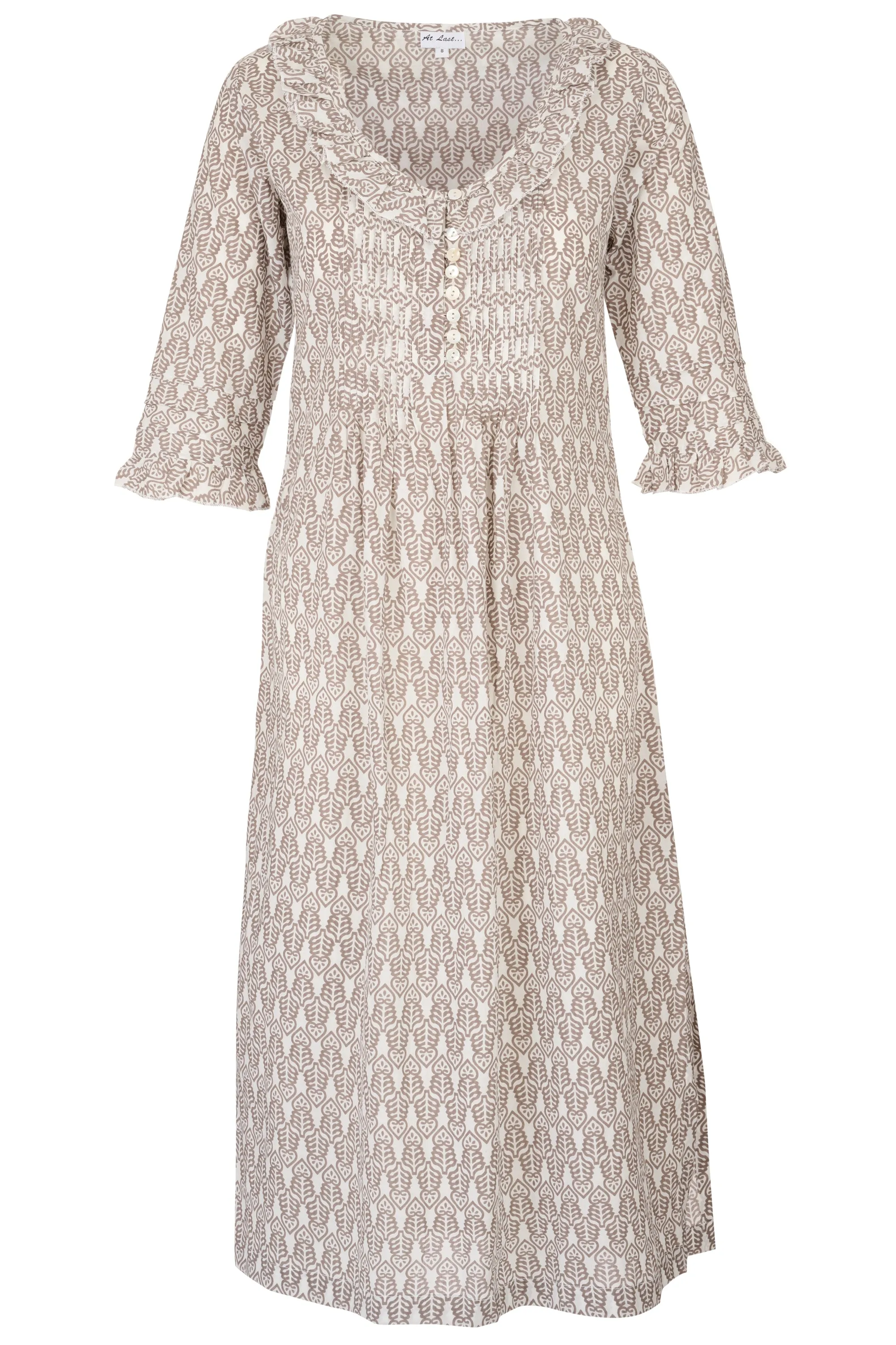 Cotton Karen 3/4 Sleeve Day Dress in Fresh Taupe & White