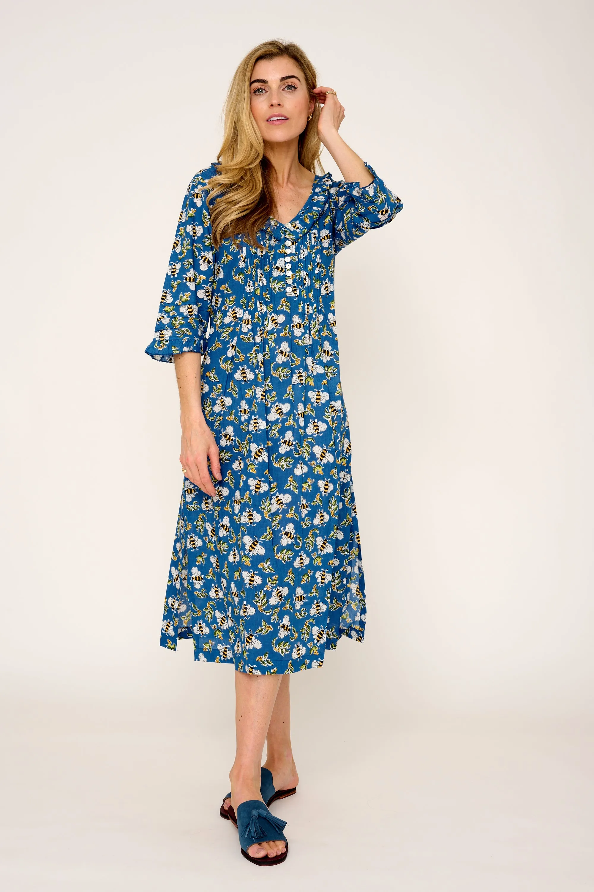 Cotton Karen 3/4 Sleeve Day Dress in Royal Blue Busy Bee