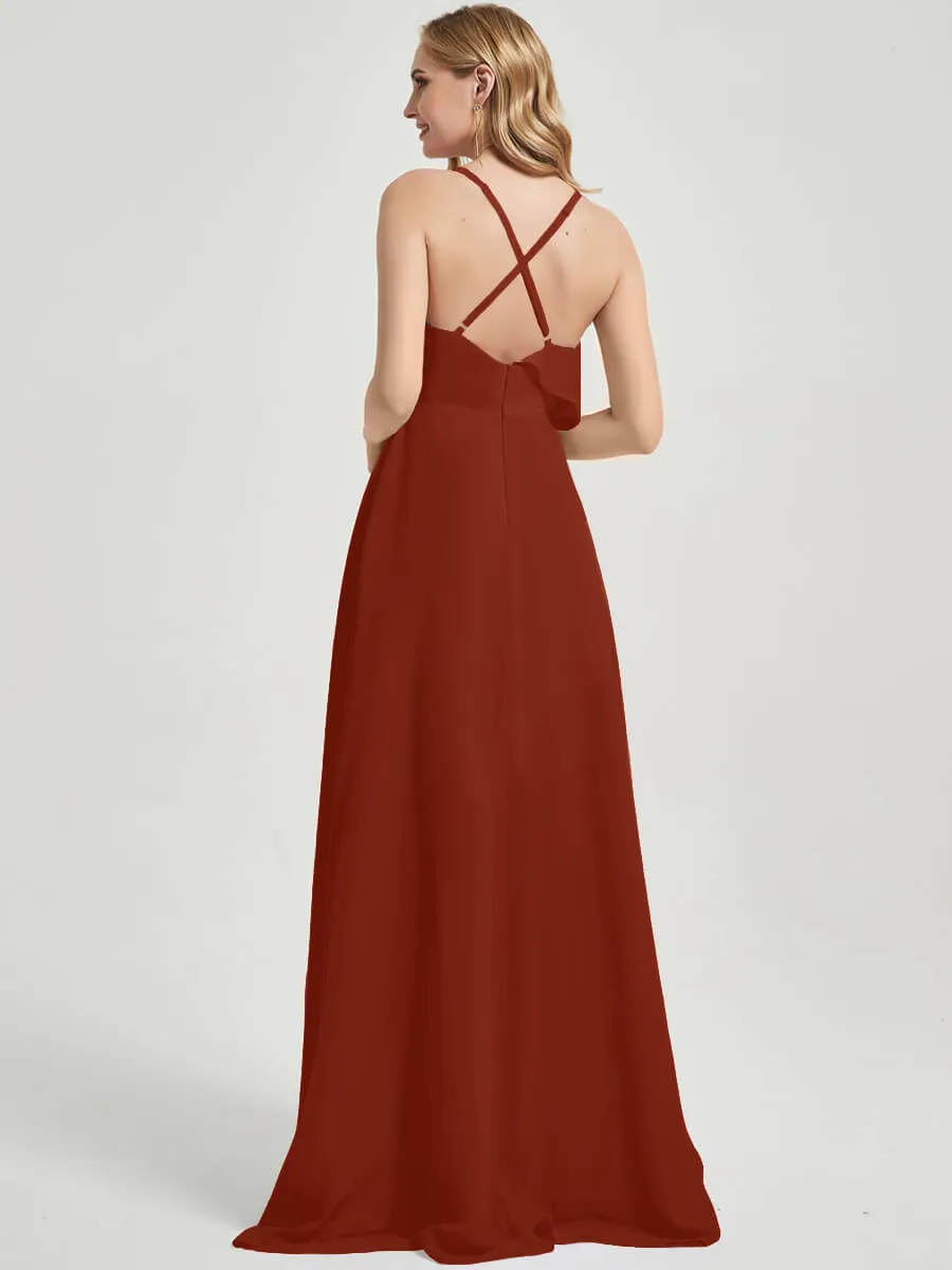 Criss-Cross Straps Ruffles Slit Chiffon Maxi Bridesmaid Dress Rusty Red