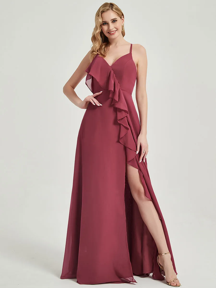 Criss-Cross Straps Ruffles Slit Chiffon Maxi Bridesmaid Dress Rusty Red