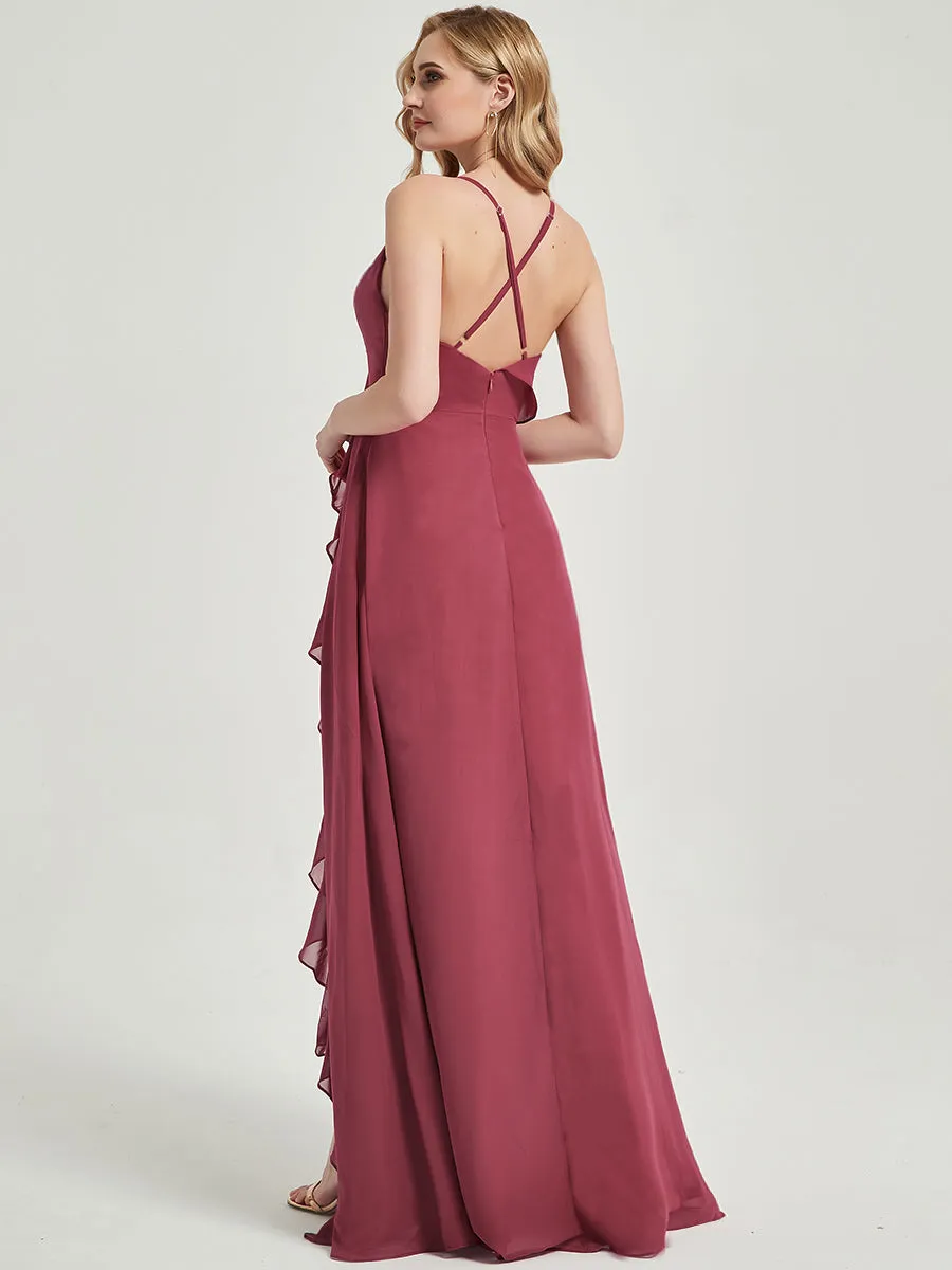 Criss-Cross Straps Ruffles Slit Chiffon Maxi Bridesmaid Dress Rusty Red