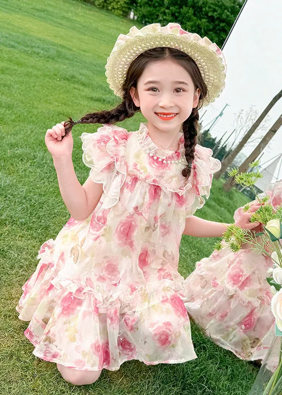 Cute Apricot Stand Collar Print Tulle Girls Mid Dress Summer XZ047