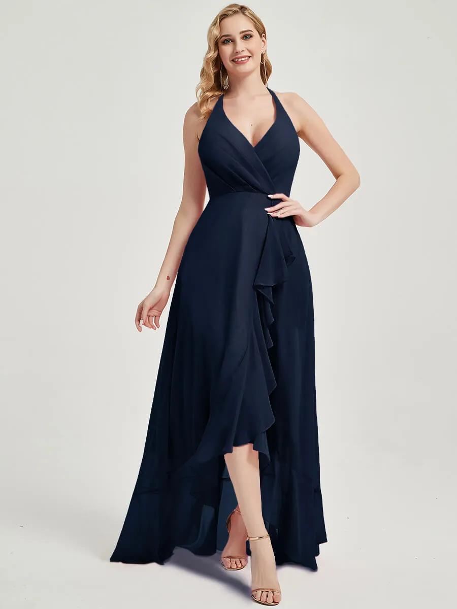 Dark Navy Halter V-Neck Backless High Low Chiffon Bridesmaid Dress