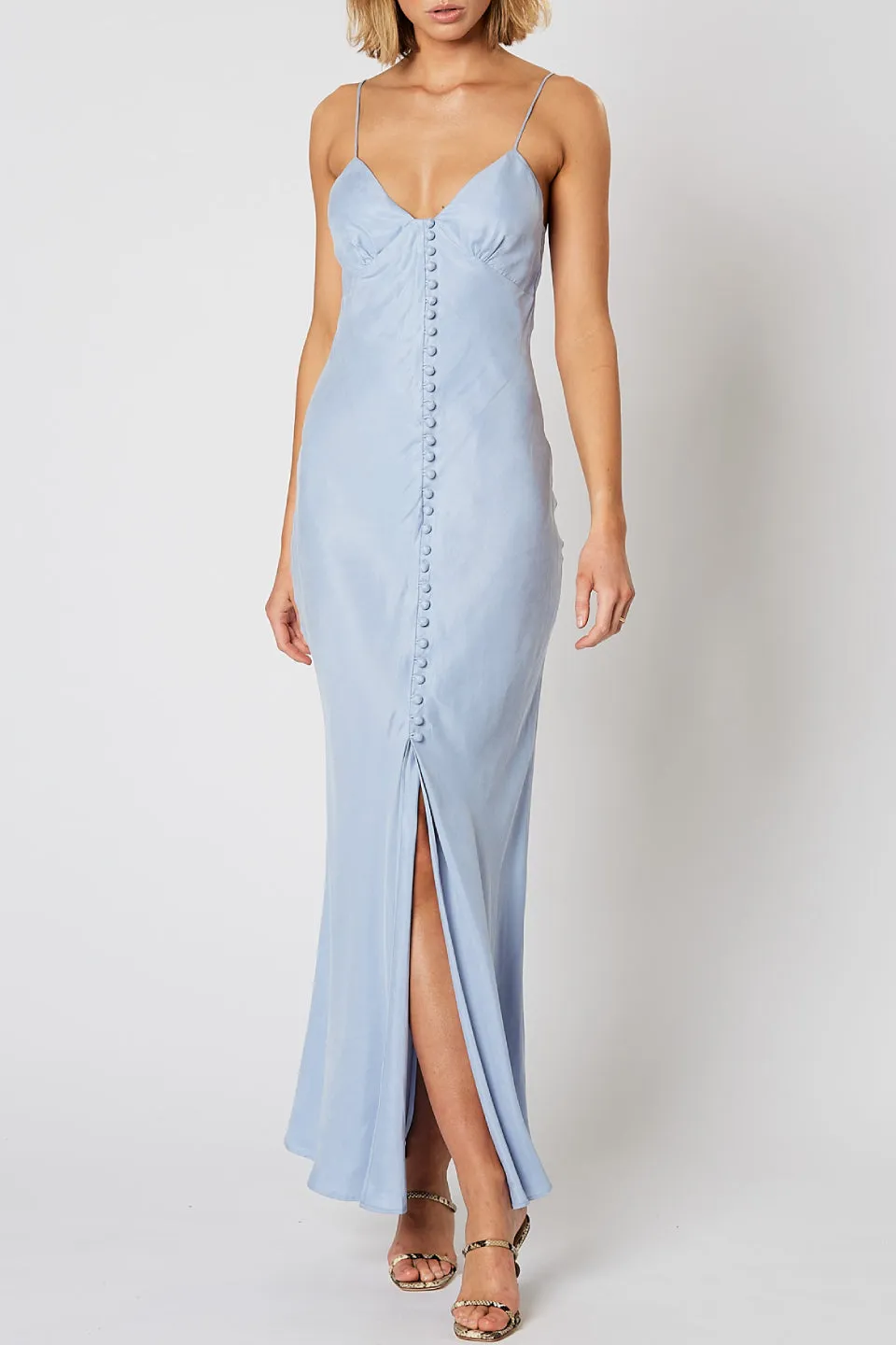 Dreamscape Strappy Button Front Light Blue Midi Dress