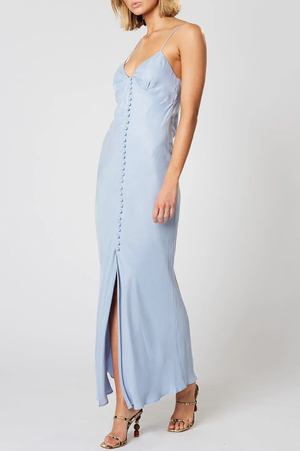 Dreamscape Strappy Button Front Light Blue Midi Dress