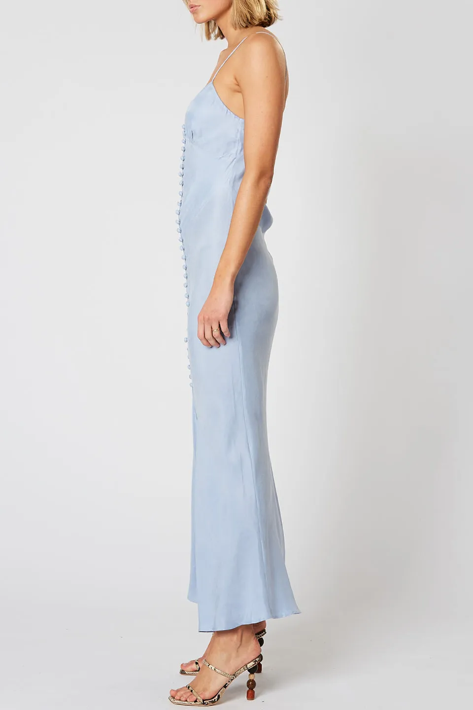 Dreamscape Strappy Button Front Light Blue Midi Dress