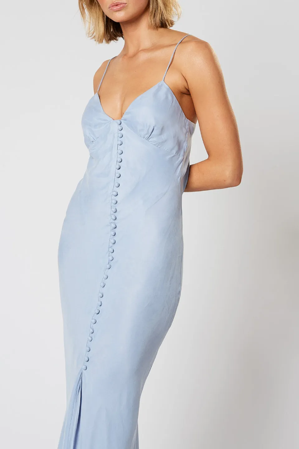 Dreamscape Strappy Button Front Light Blue Midi Dress