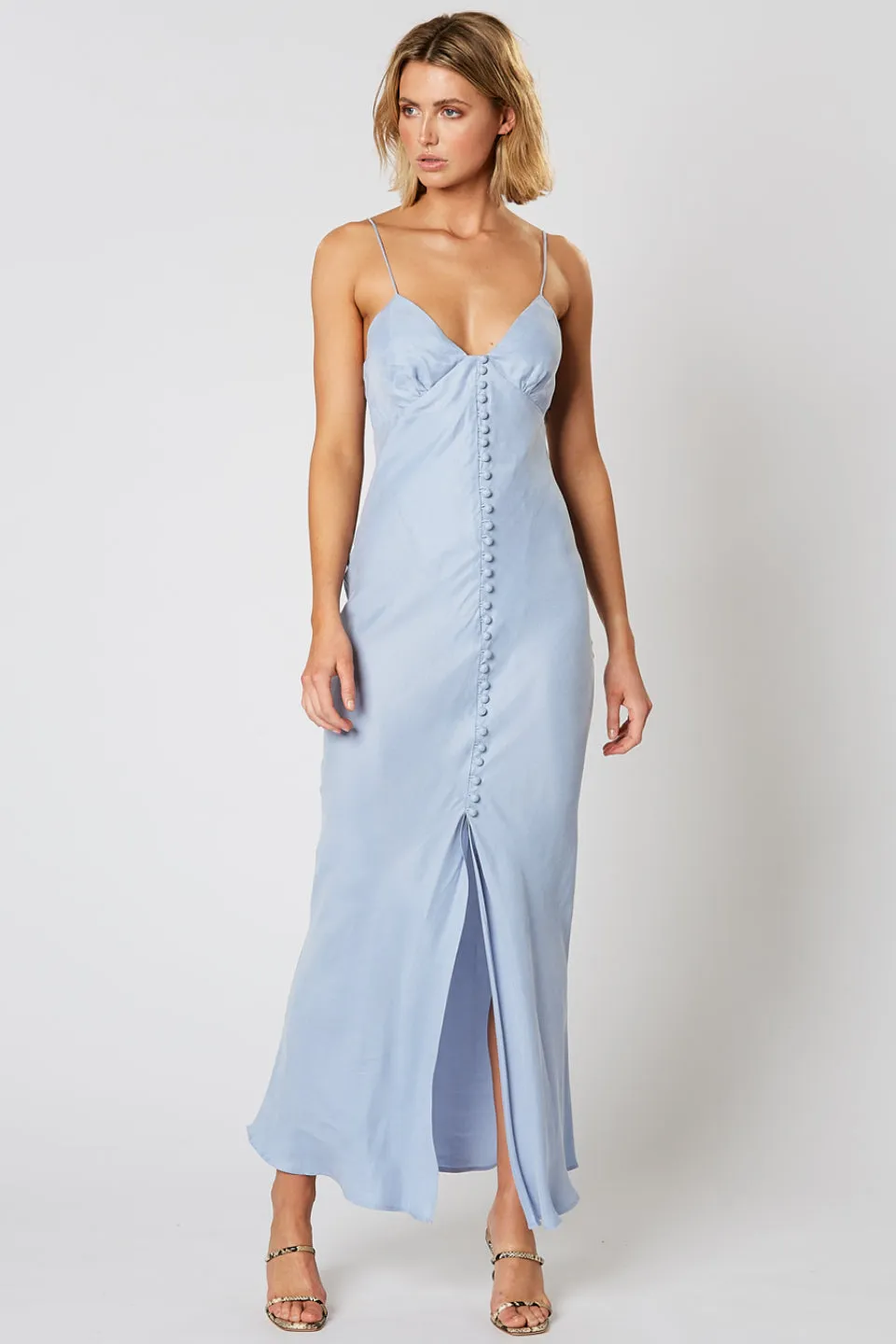 Dreamscape Strappy Button Front Light Blue Midi Dress