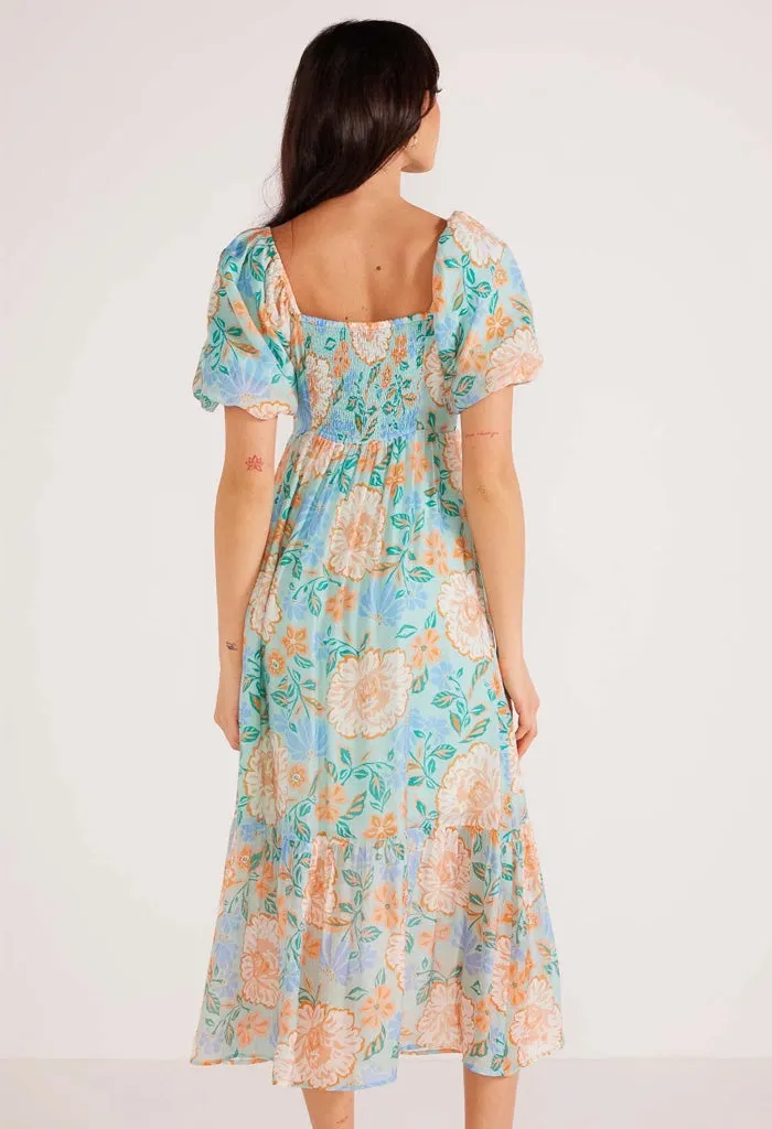 Evelyn Puff Sleeve Midi Dress-Mint/Floral