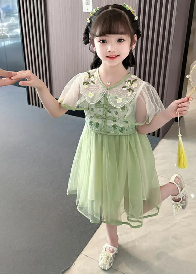 Fashion Green V Neck Embroideried Patchwork Tulle Girls Long Dresses Summer MN031