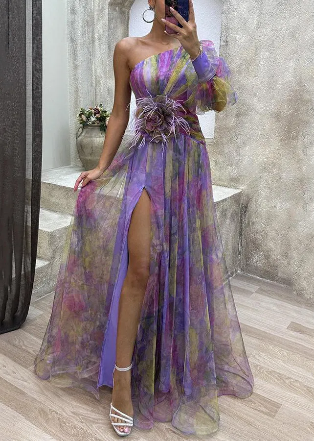 Floral Green Asymmetrical Side Open Tulle Dress Long Sleeve WW1034