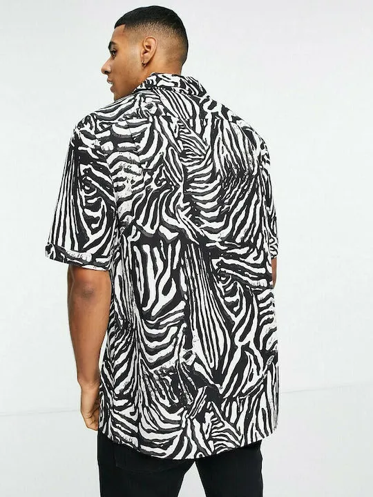 Fred Perry Zebra Print Camp Collar Short Sleeve Shirt In Black