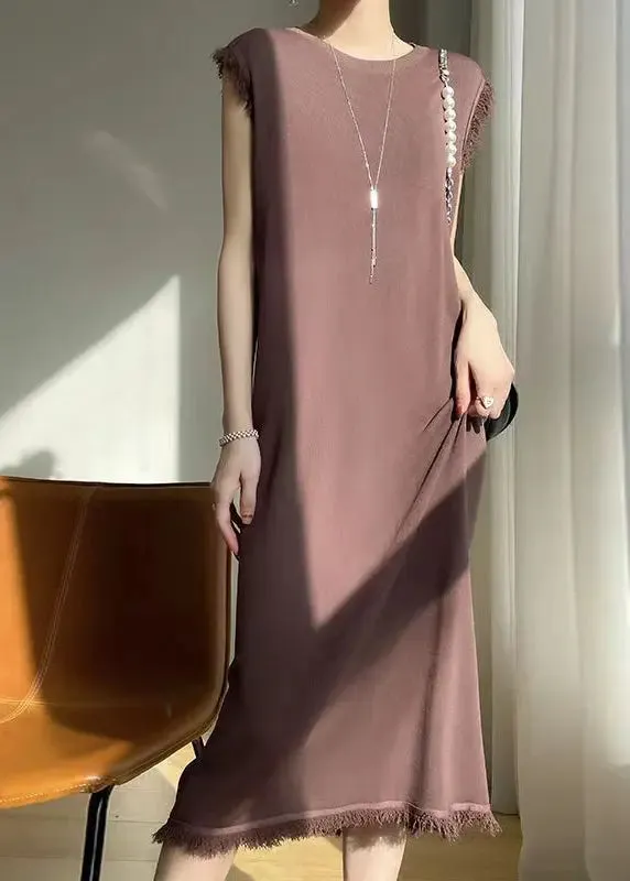 French Beige O-Neck Tasseled Ice Silk Knit Dress Sleeveless HA1042